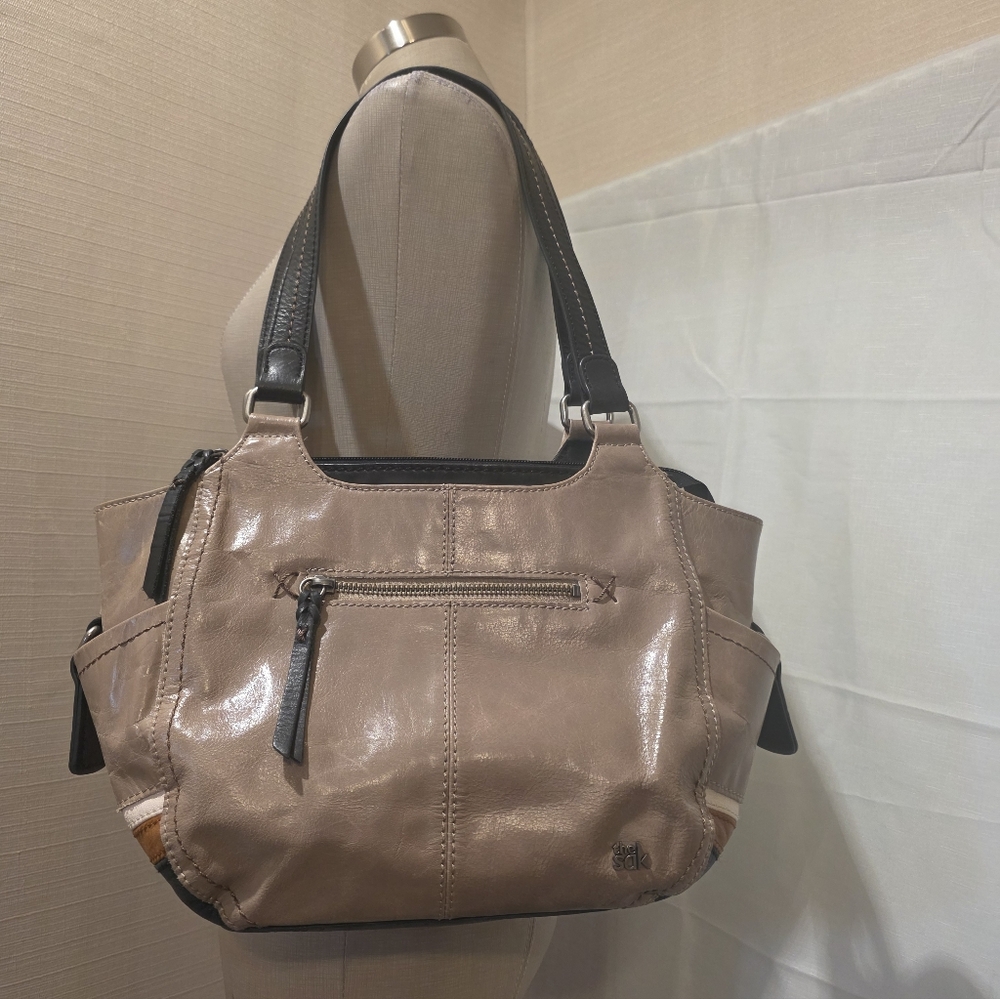 The Sak - Kendra Satchel • Tan Leather Shoulder Bag w/ Brown/white/black Accent.